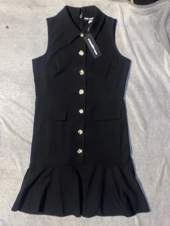 (NWT) KARL LAGERFELD- Black Sleeveless Button-Front Ruffle Hem Mini Dress 🖤 ✨ - Picture 3 of 16